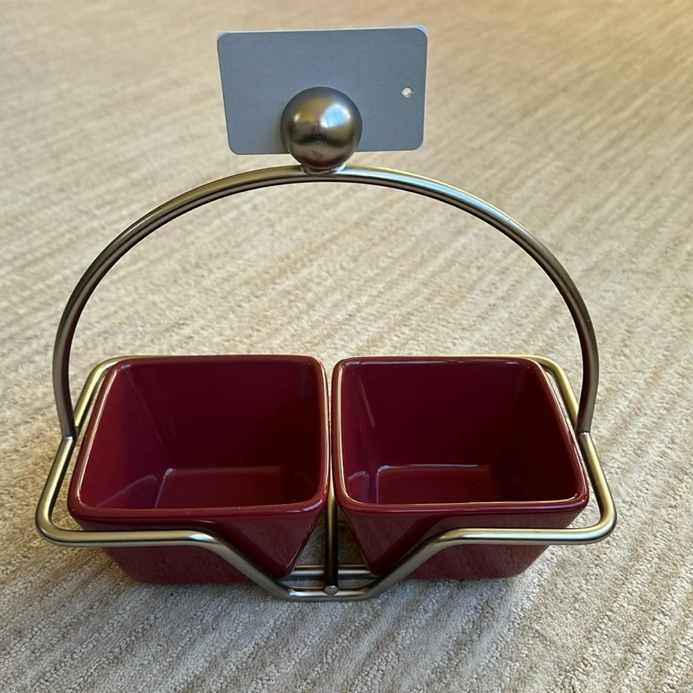 PAMPERED CHEF Simple Additions Silver Caddy w/ 2 Square Cranberry Bowls